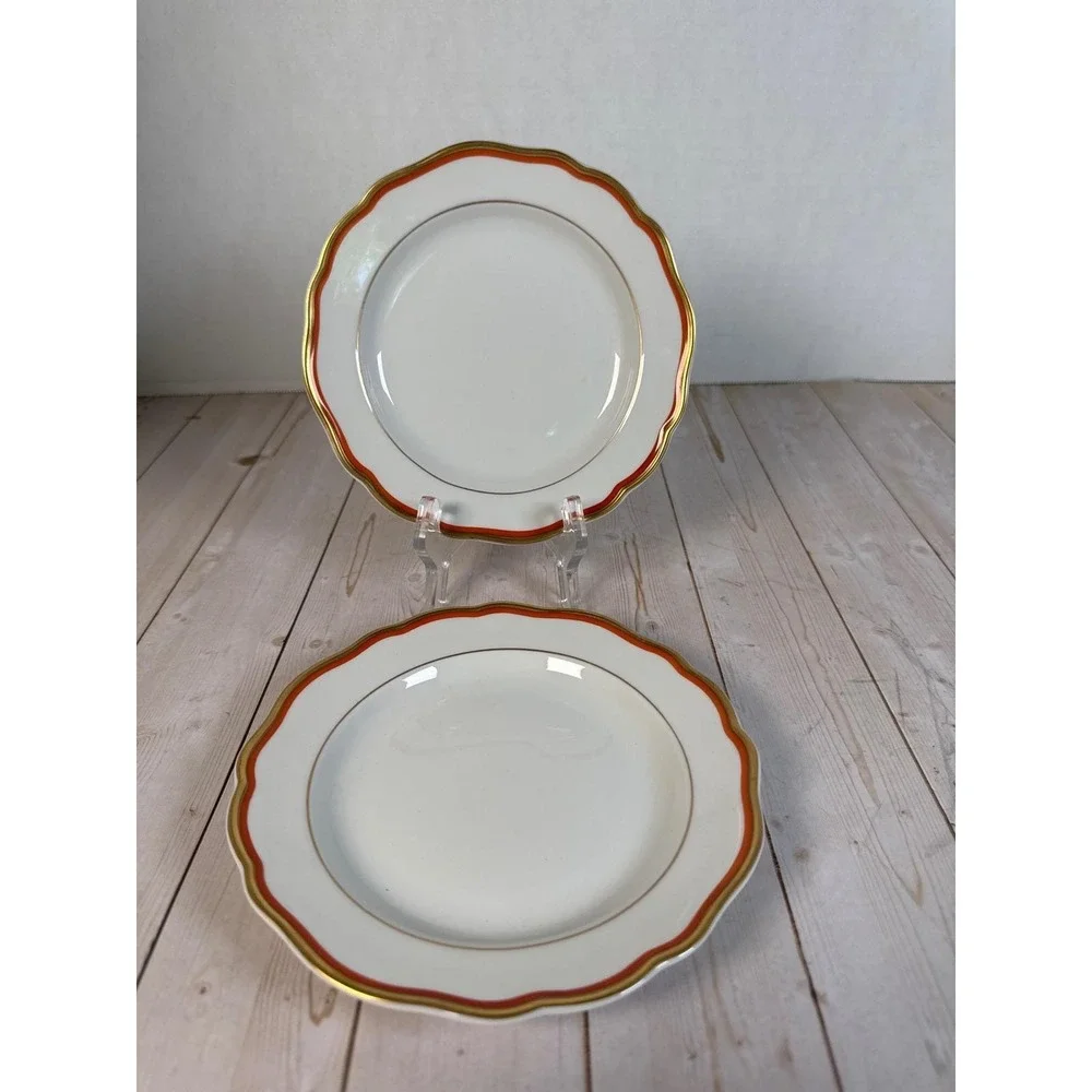 Meissen Orange Band Bread Butter Plates Set of 2 Gold Trim Crossed Swords 6 3/8